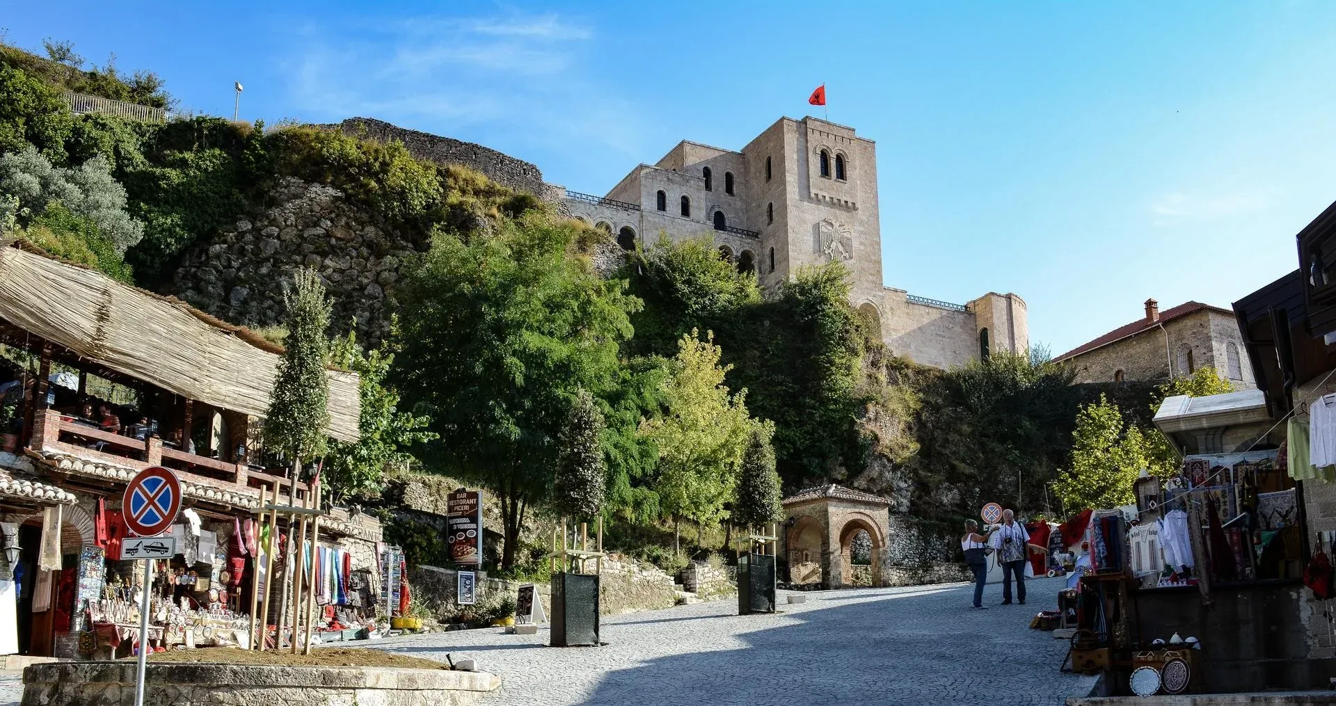 Aerial view of Krujë, Albania — the medieval castle above the old bazaar and mountain valley