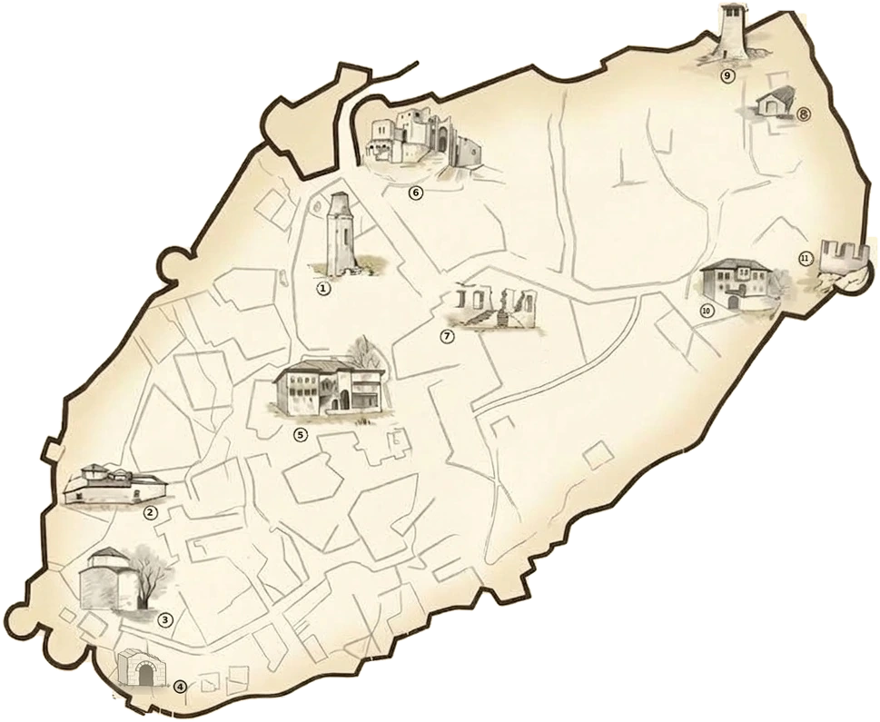 Illustrated map of Krujë Castle with its eleven numbered sights